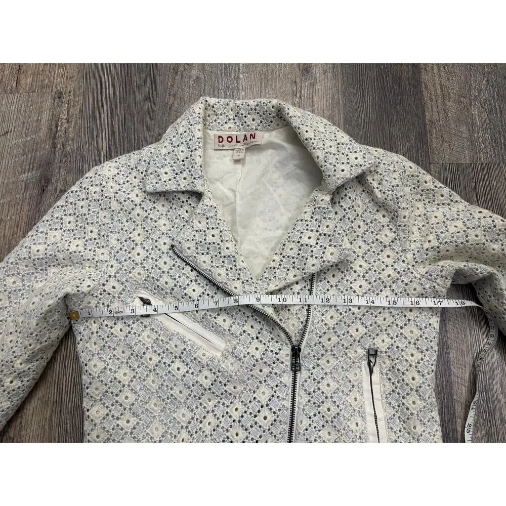 Dolan Left Coast Collection Eyelet Moto Jacket Cream Blue Cotton XS 173140‎